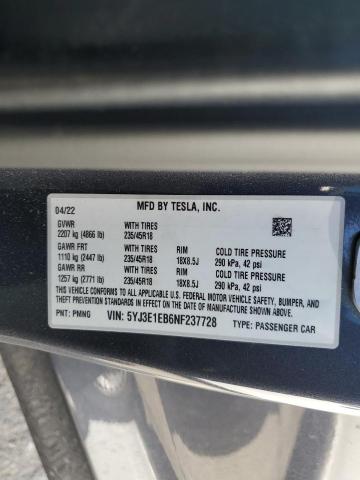 2022 TESLA MODEL 3 5YJ3E1EB6NF237728