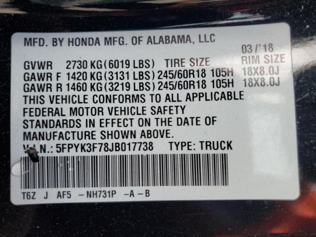 2018 HONDA RIDGELINE 5FPYK3F78JB017738