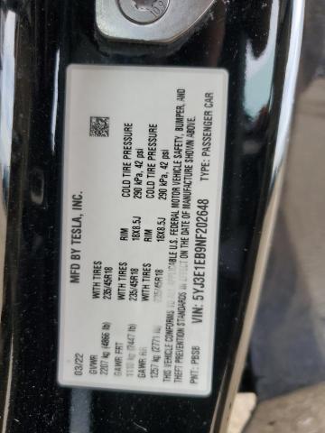 2022 TESLA MODEL 3 5YJ3E1EB9NF202648
