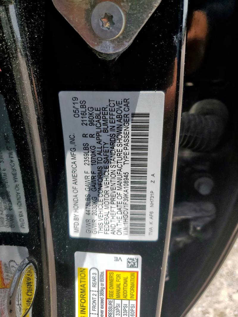 2019 HONDA ACCORD SPO 1HGCV1F39KA108945