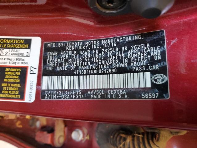 2017 TOYOTA CAMRY HYBR 4T1BD1FK8HU212690