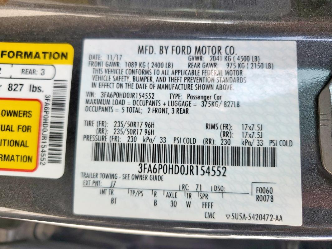 2018 FORD FUSION SE - 3FA6P0HD0JR154552