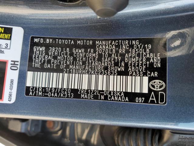 2019 TOYOTA COROLLA L 2T1BURHE7KC235635