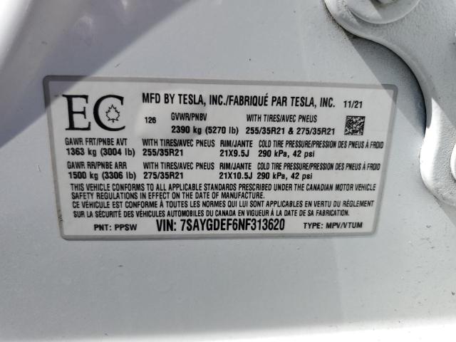 2022 TESLA MODEL Y 7SAYGDEF6NF313620