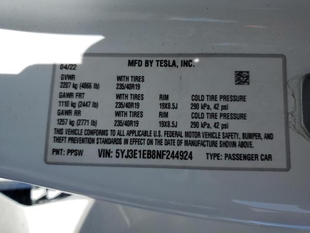 2022 TESLA MODEL 3 5YJ3E1EB8NF244924