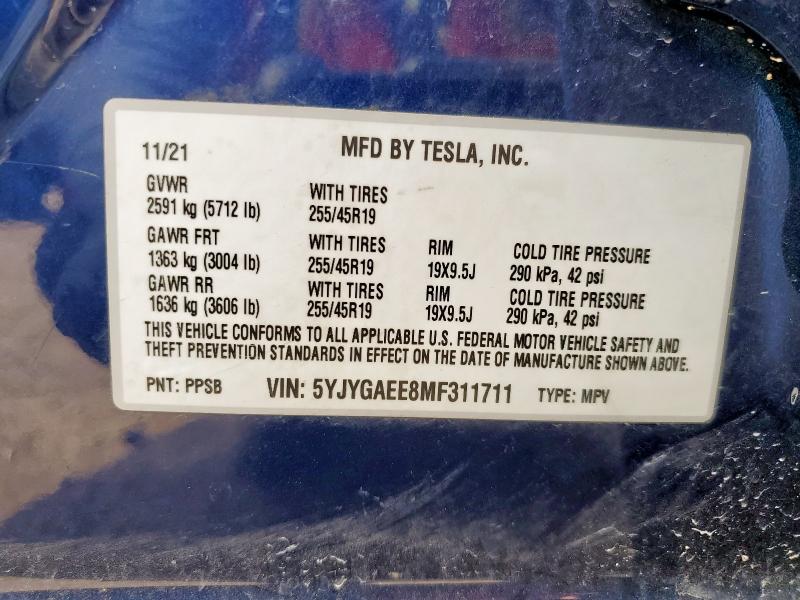 2021 TESLA MODEL Y 5YJYGAEE8MF311711