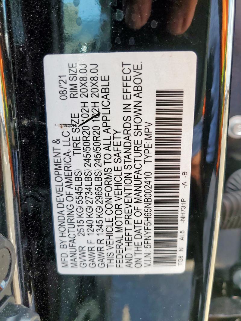 2022 HONDA PILOT TOUR 5FNYF5H65NB002410