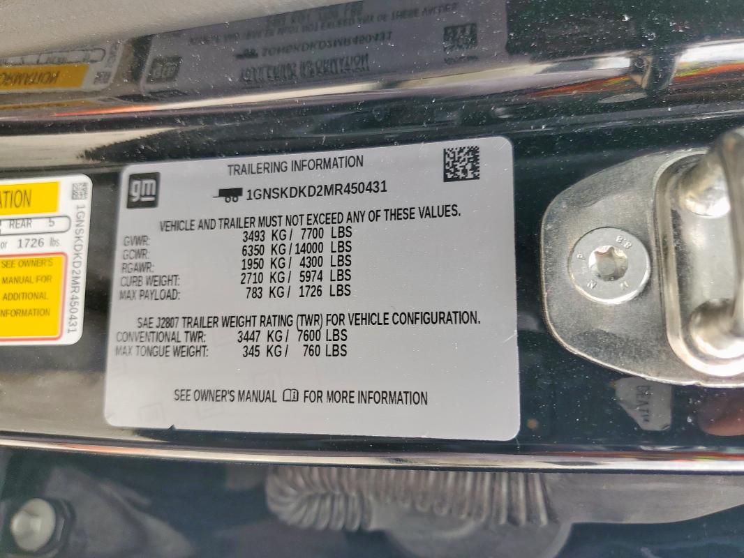 2021 CHEVROLET SUBURBAN K 1GNSKDKD2MR450431