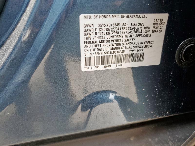 2020 HONDA PILOT EX 5FNYF5H31LB014380