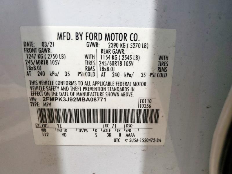 2021 FORD EDGE SEL 2FMPK3J92MBA08771