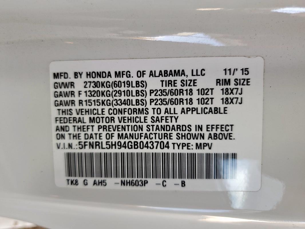 2016 HONDA ODYSSEY TO 5FNRL5H94GB043704