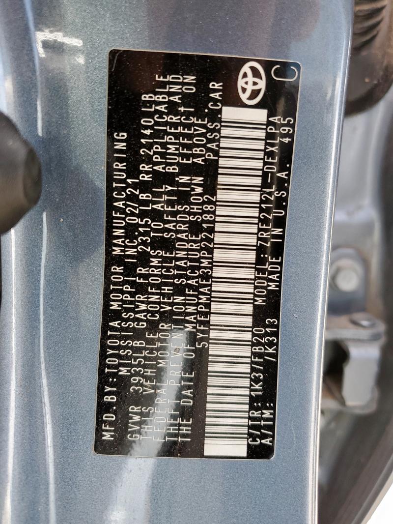 2021 TOYOTA COROLLA LE 5YFEPMAE3MP221882