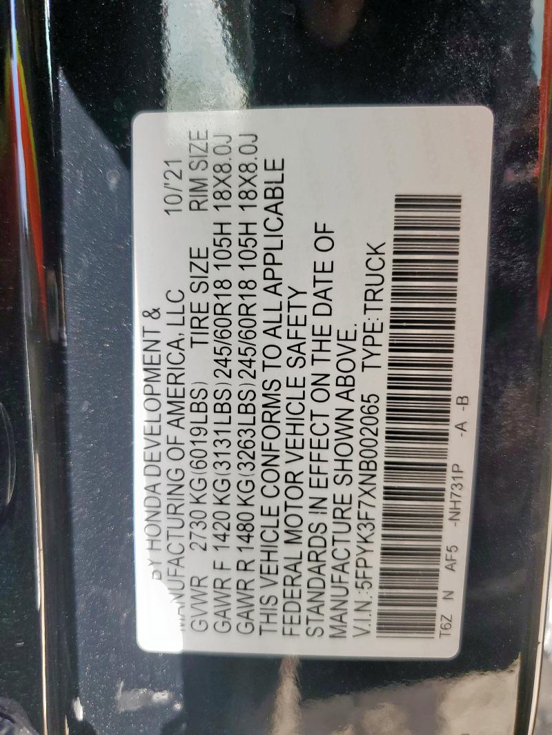2022 HONDA RIDGELINE 5FPYK3F7XNB002065