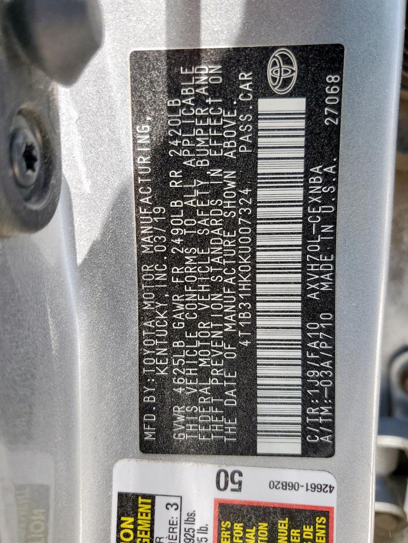 2019 TOYOTA CAMRY LE 4T1B31HK0KU007324