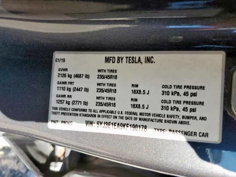 2019 TESLA MODEL 3 5YJ3E1EA9KF190178
