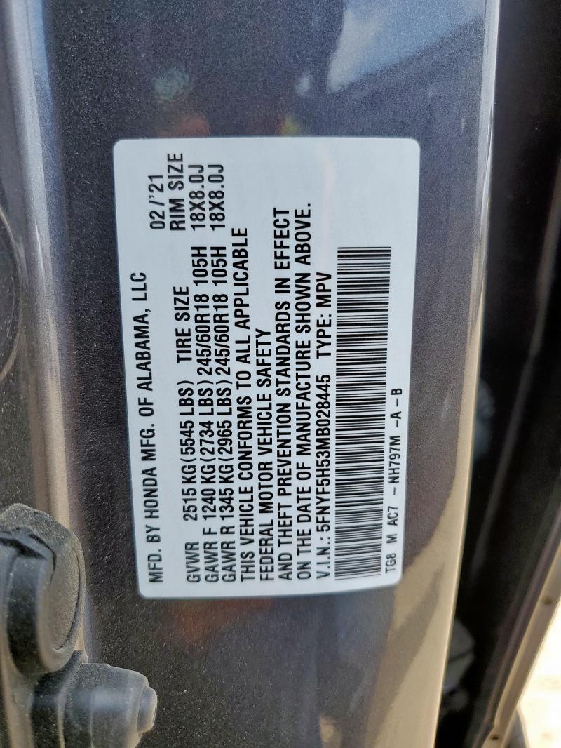 2021 HONDA PILOT EXL 5FNYF5H53MB028445