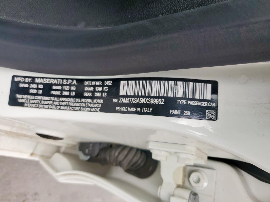 2022 MASERATI GHIBLI BAS ZAM57XSA5NX399952