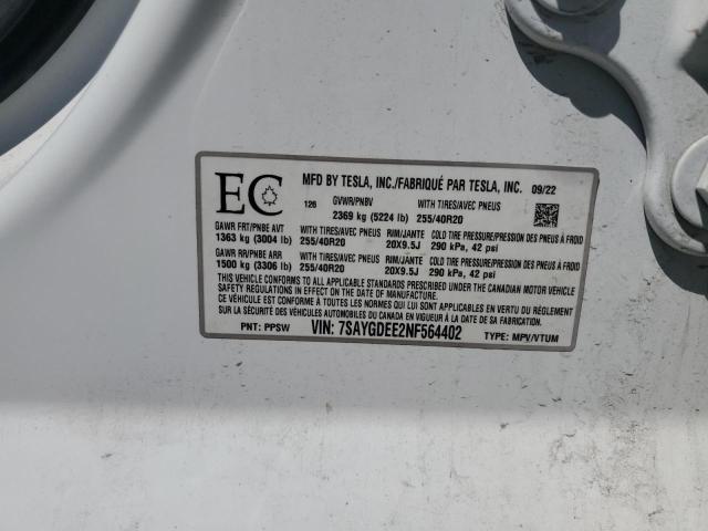 2022 TESLA MODEL Y 7SAYGDEE2NF564402
