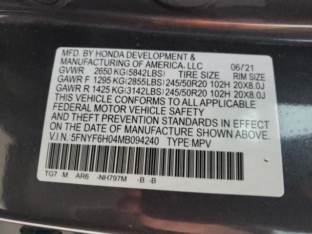 2021 HONDA PILOT ELIT 5FNYF6H04MB094240