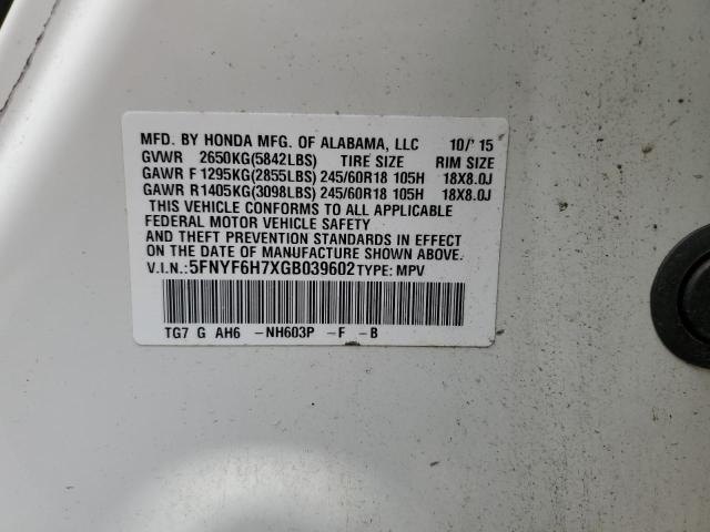 2016 HONDA PILOT EXLN 5FNYF6H7XGB039602