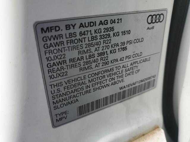 2021 AUDI Q8 PREMIUM WA1EVAF12MD035743
