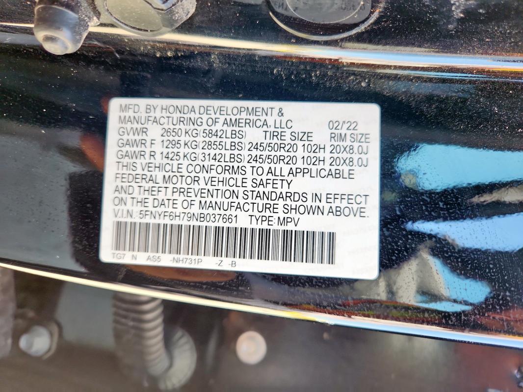 2022 HONDA PILOT BLACK 5FNYF6H79NB037661