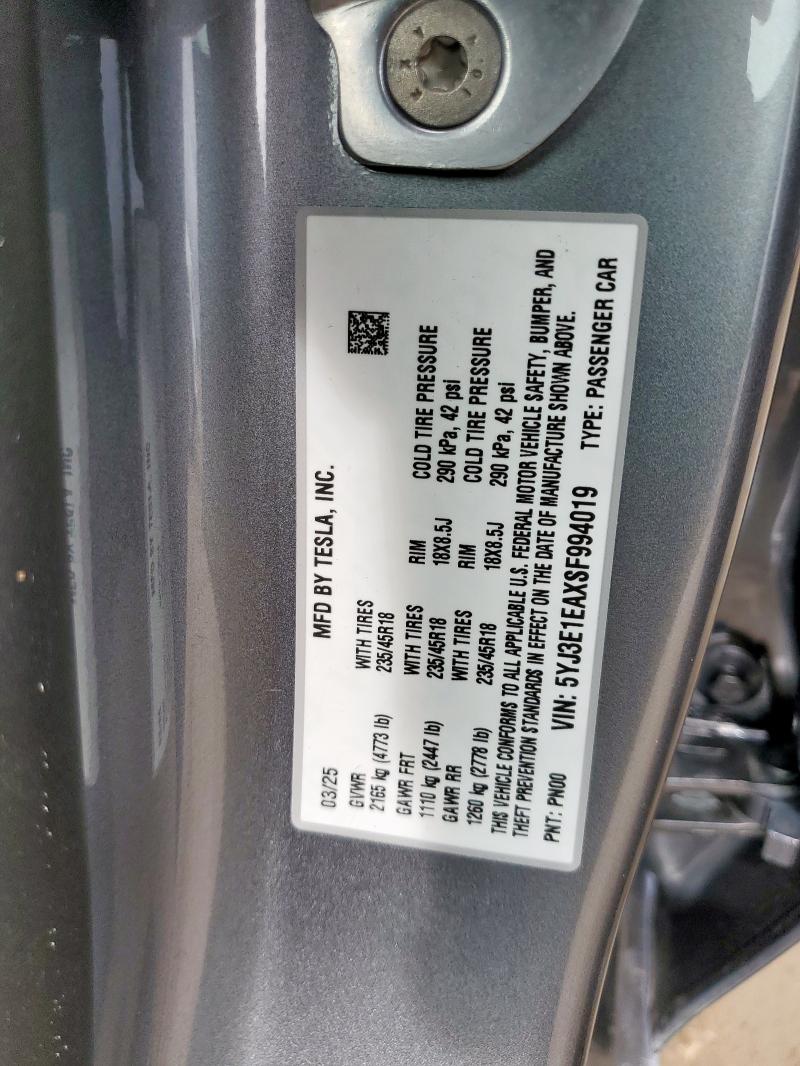 2025 TESLA MODEL 3 - 5YJ3E1EAXSF994019
