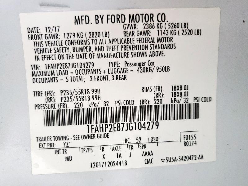 2018 FORD TAURUS SEL 1FAHP2E87JG104279