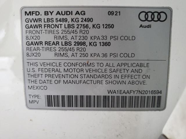 2022 AUDI Q5 PREMIUM WA1EAAFY7N2016594