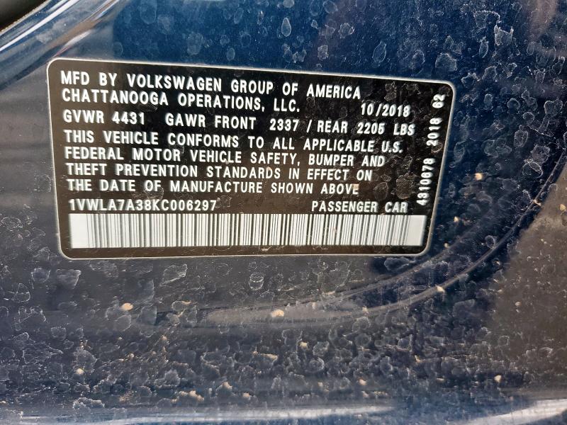 2019 VOLKSWAGEN PASSAT WOL 1VWLA7A38KC006297