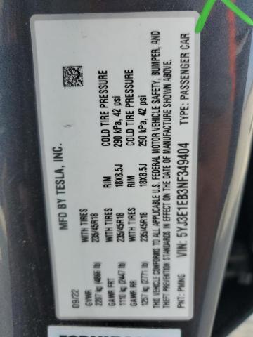 2022 TESLA MODEL 3 5YJ3E1EB3NF349404