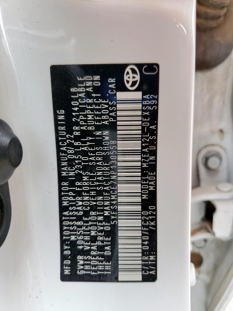 2022 TOYOTA COROLLA SE 5YFS4MCE7NP130558