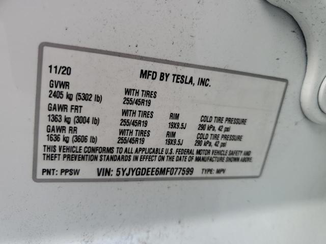 2021 TESLA MODEL Y 5YJYGDEE6MF077599