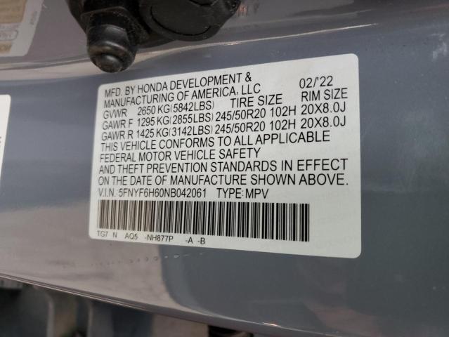 2022 HONDA PILOT TOUR 5FNYF6H60NB042061