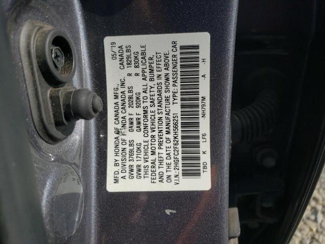 2019 HONDA CIVIC LX 2HGFC2F62KH566251