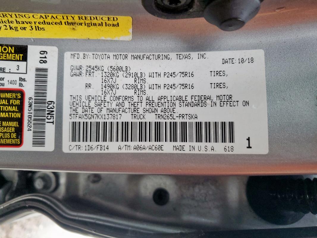 2019 TOYOTA TACOMA DOU - 5TFAX5GN7KX137817