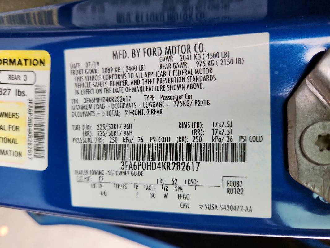 2019 FORD FUSION SE - 3FA6P0HD4KR282617