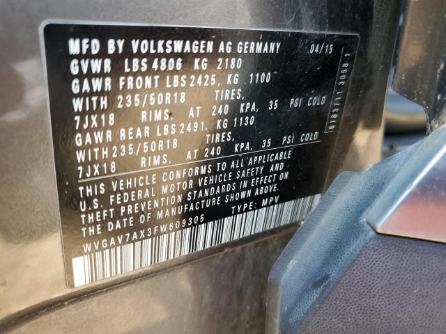 2015 VOLKSWAGEN TIGUAN S WVGAV7AX3FW609305