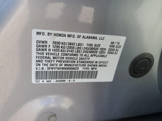 2019 HONDA PILOT TOUR 5FNYF6H90KB008028