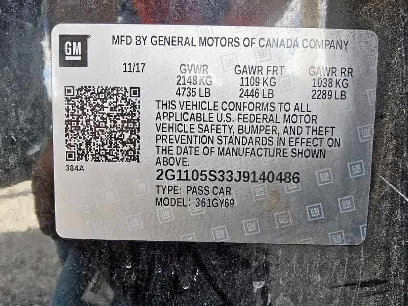2018 CHEVROLET IMPALA LT 2G1105S33J9140486