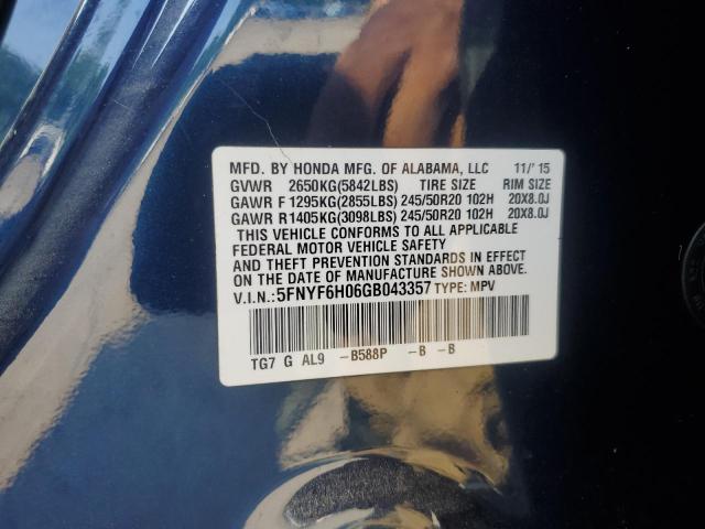 2016 HONDA PILOT ELIT 5FNYF6H06GB043357