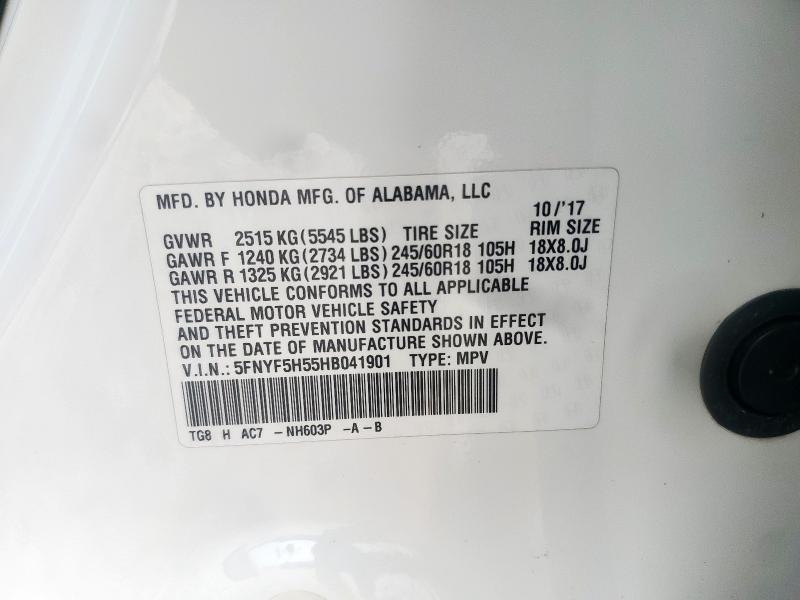 2017 HONDA PILOT EXL 5FNYF5H55HB041901