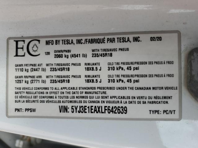 2020 TESLA MODEL 3 5YJ3E1EAXLF642639