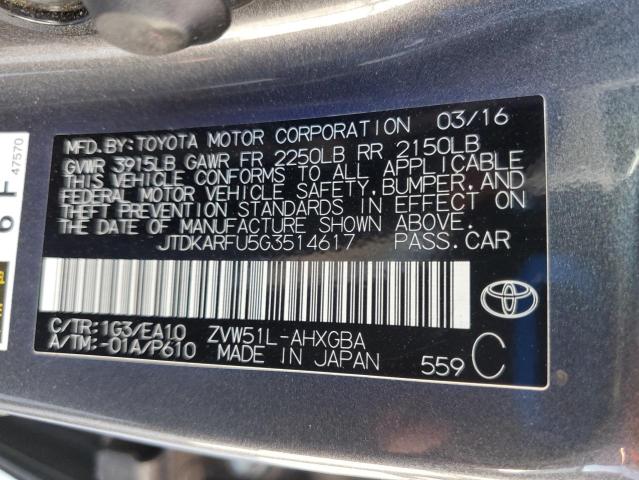 2016 TOYOTA PRIUS JTDKARFU5G3514617