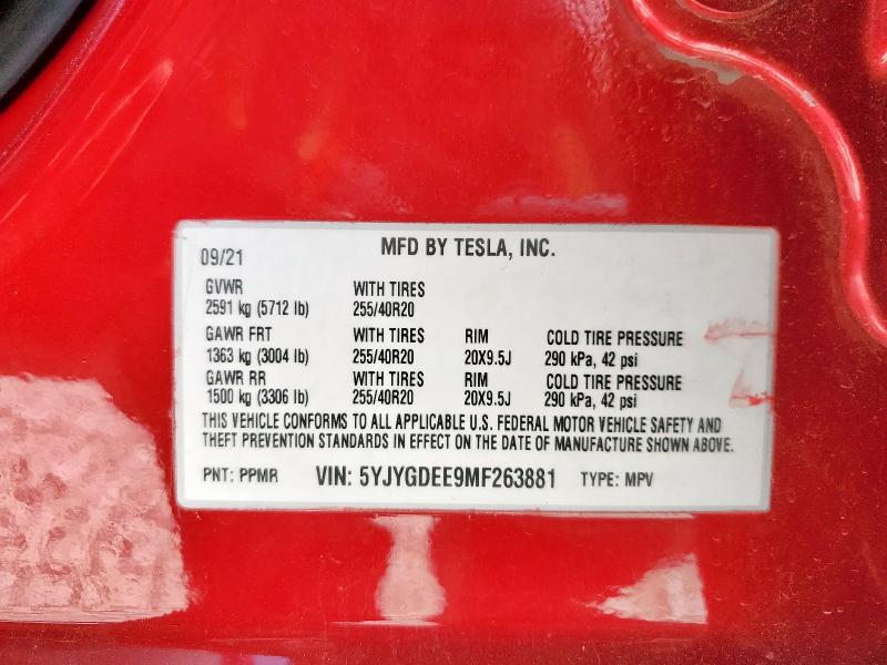2021 TESLA MODEL Y 5YJYGDEE9MF263881
