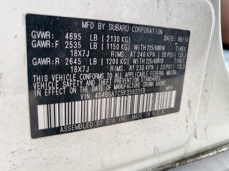 2019 SUBARU OUTBACK TO - 4S4BSATC5K3382358