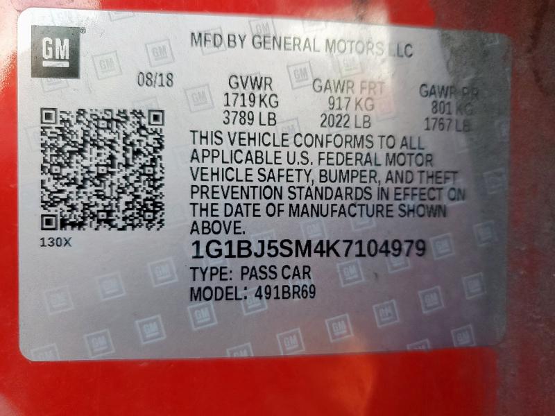 2019 CHEVROLET CRUZE 4D 1G1BJ5SM4K7104979