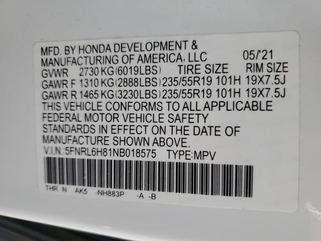 2022 HONDA ODYSSEY TO 5FNRL6H81NB018575