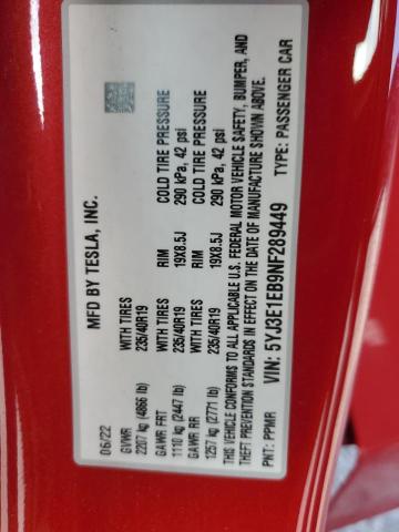 2022 TESLA MODEL 3 5YJ3E1EB9NF289449