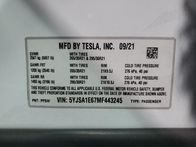 2021 TESLA MODEL S 5YJSA1E67MF443245